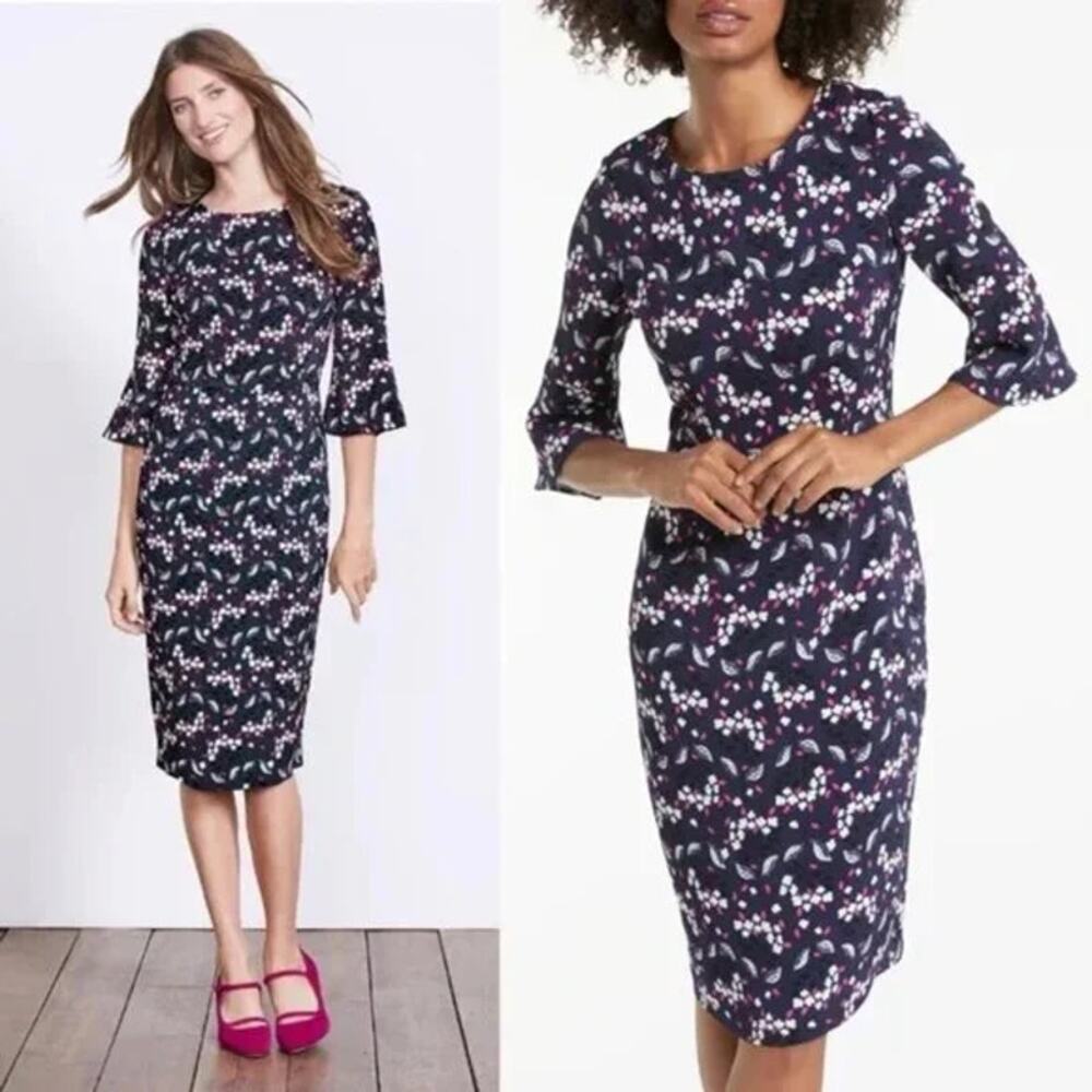 Boden Blue Pink Floral Flower Delia Midi Dress Half Bell Sleeve Size 8
